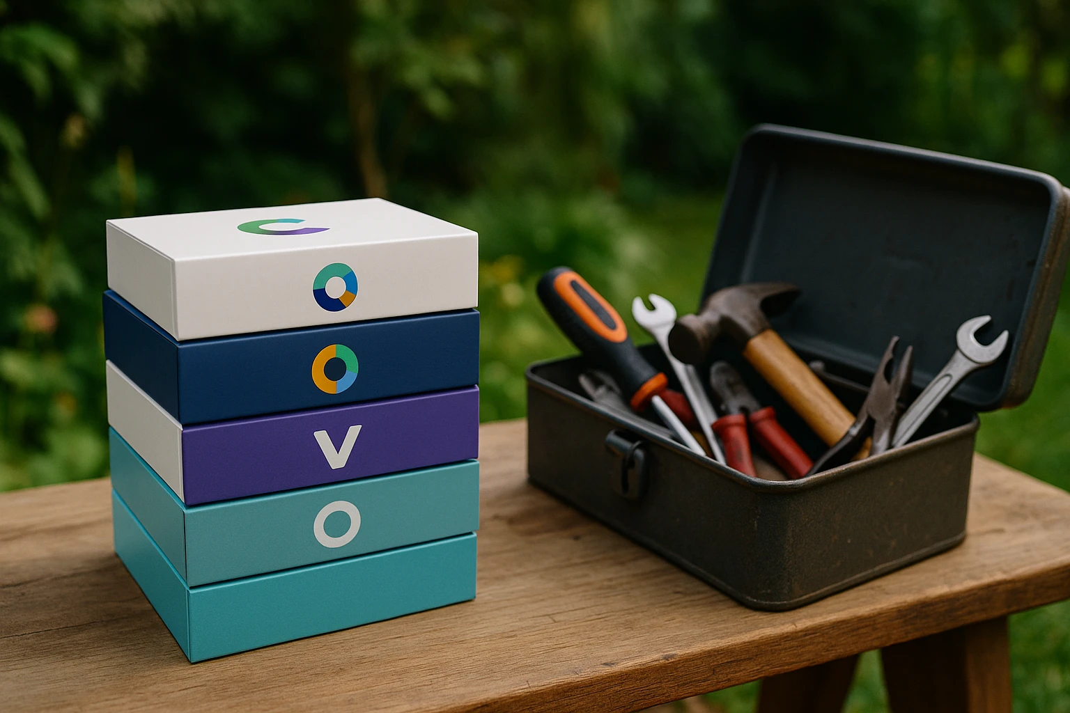 A stack of conversion optimization software packages next to a DIY toolkit on a wooden bench in a garden, each showcasing different brand logos.