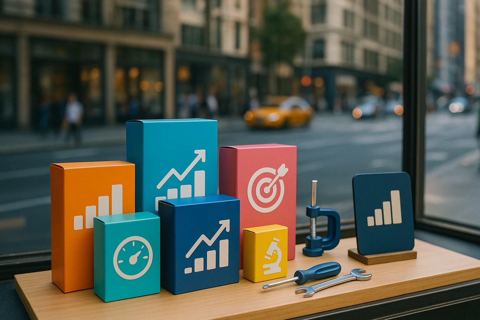 A colorful shop window display featuring various CRO software boxes and tools alongside a small plaque highlighting the services of a popular CRO agency, set against a bustling city street background.