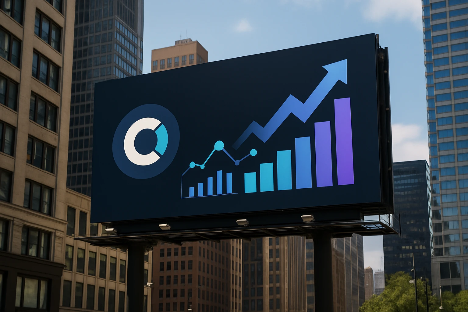 A modern billboard in a bustling city displays the Convert Experiences logo alongside bold graphics illustrating data analytics and arrows pointing upward, symbolizing growth and innovation.