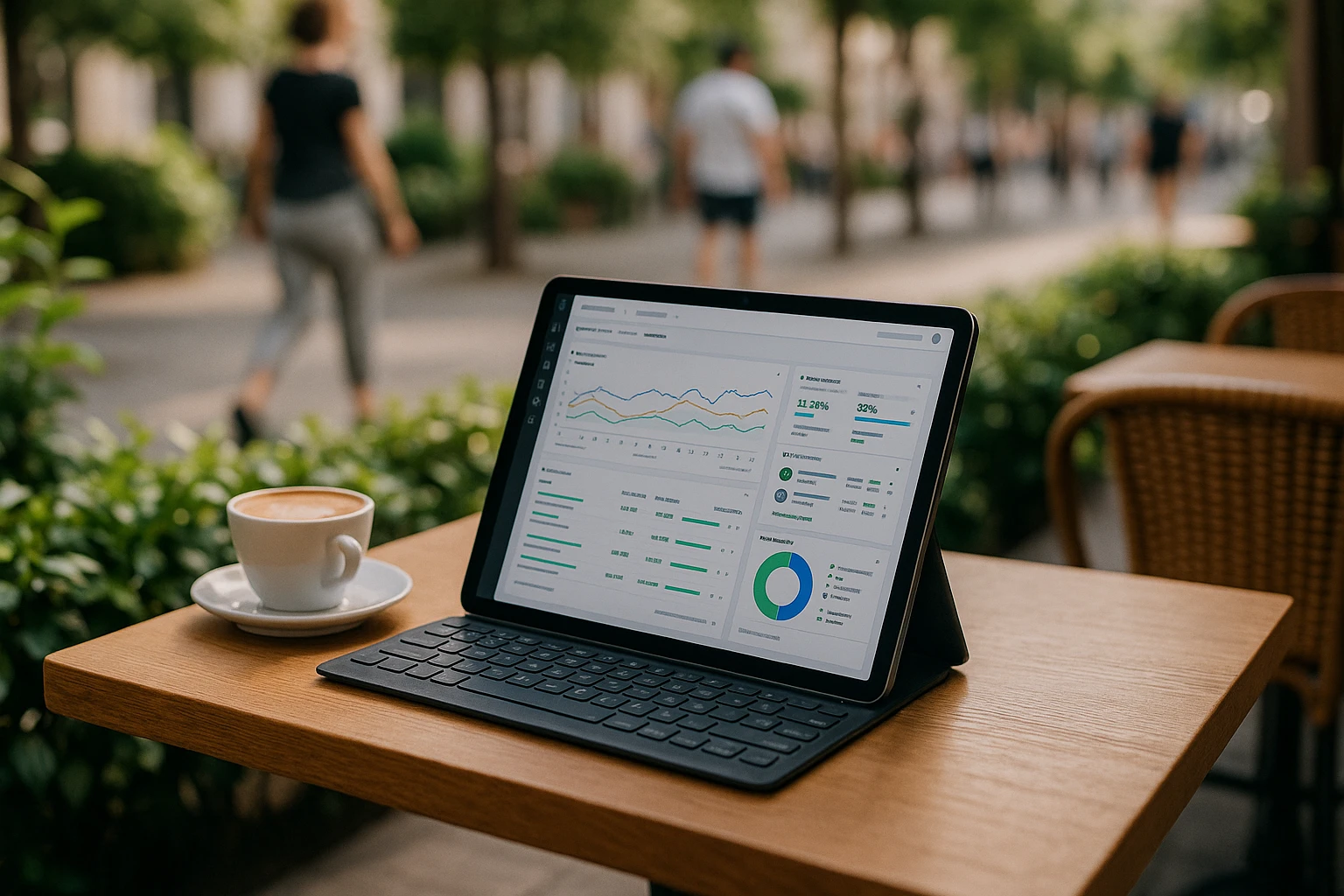 An outdoor café table with a tablet displaying the Convert Experiences dashboard, surrounded by greenery and people casually walking by in the background, symbolizing accessibility and business optimization on the go.