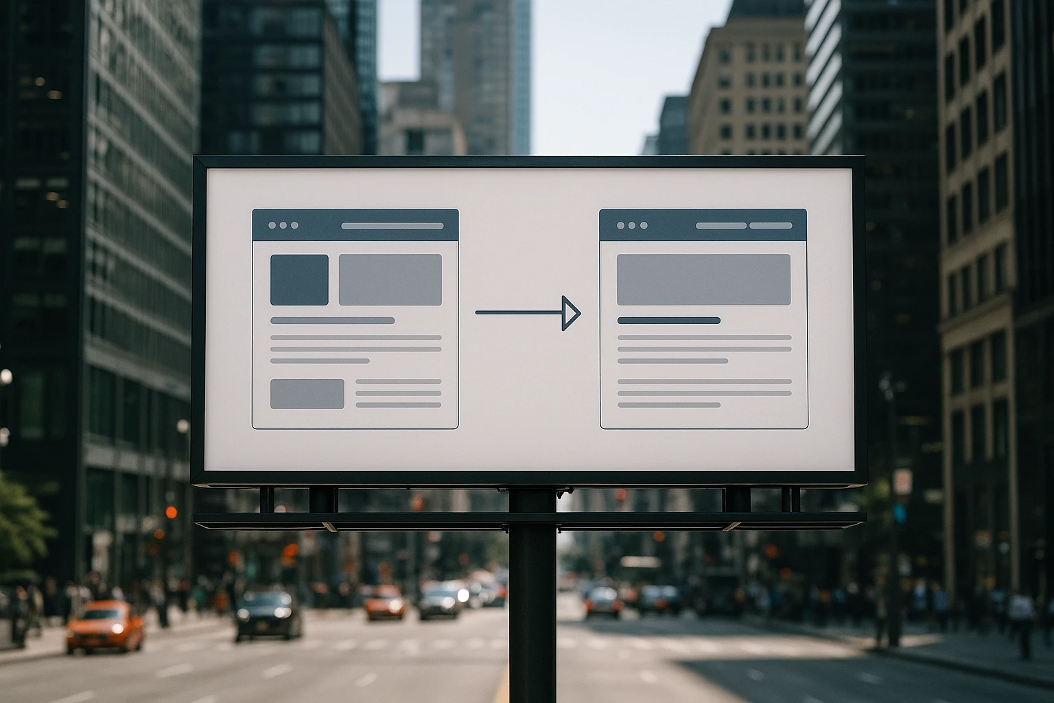 A billboard in a bustling city center displaying different website variations side-by-side, with arrows illustrating the flow of A/B testing processes.