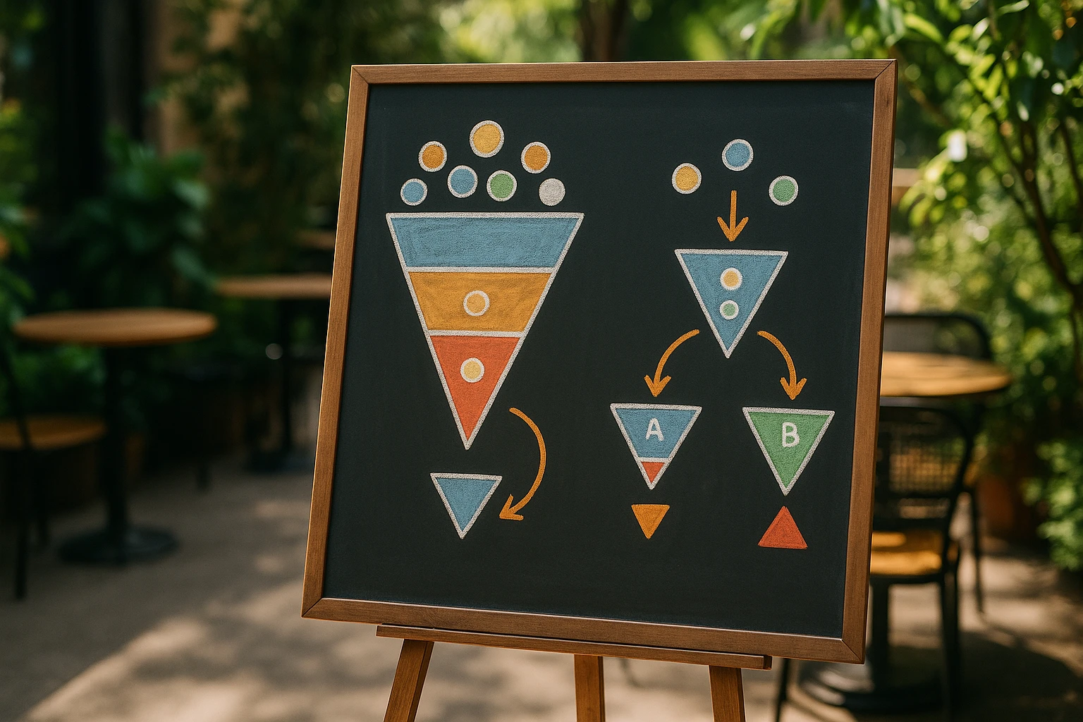 A chalkboard with colorful diagrams illustrating conversion funnels and split test variations, placed on an outdoor coffee shop patio surrounded by plants and sunlight.