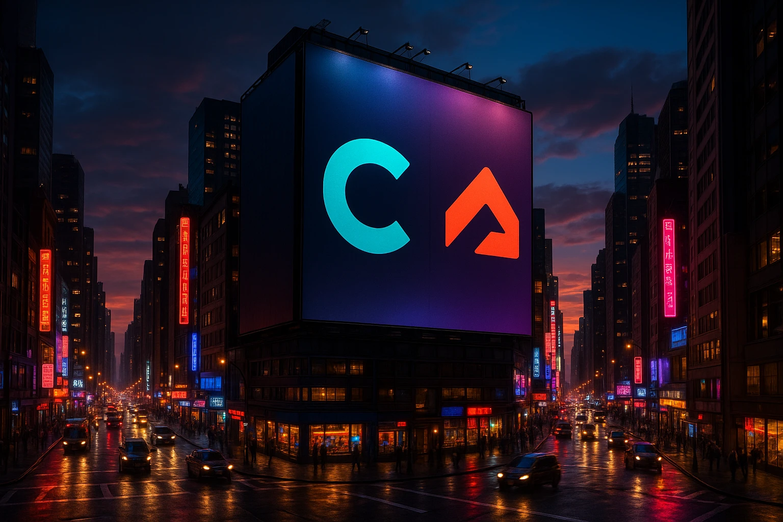 A vibrant cityscape at dusk with a large, illuminated billboard displaying the Convert Experiences logo on one side and the Everconvert.ai logo on the other, surrounded by bustling streets and neon lights.