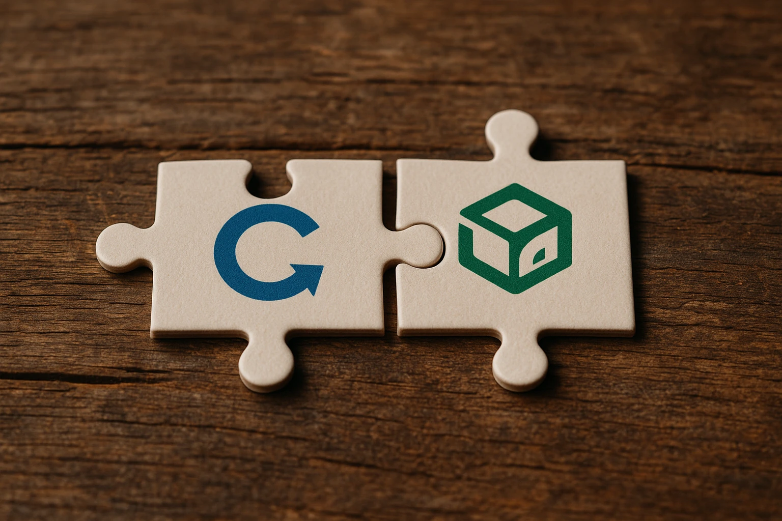 A close-up of two puzzle pieces on a rustic wooden table, one featuring the Convert Experiences logo and the other with Everconvert.ai, fitting together to symbolize integration and synergy in experimentation tools.