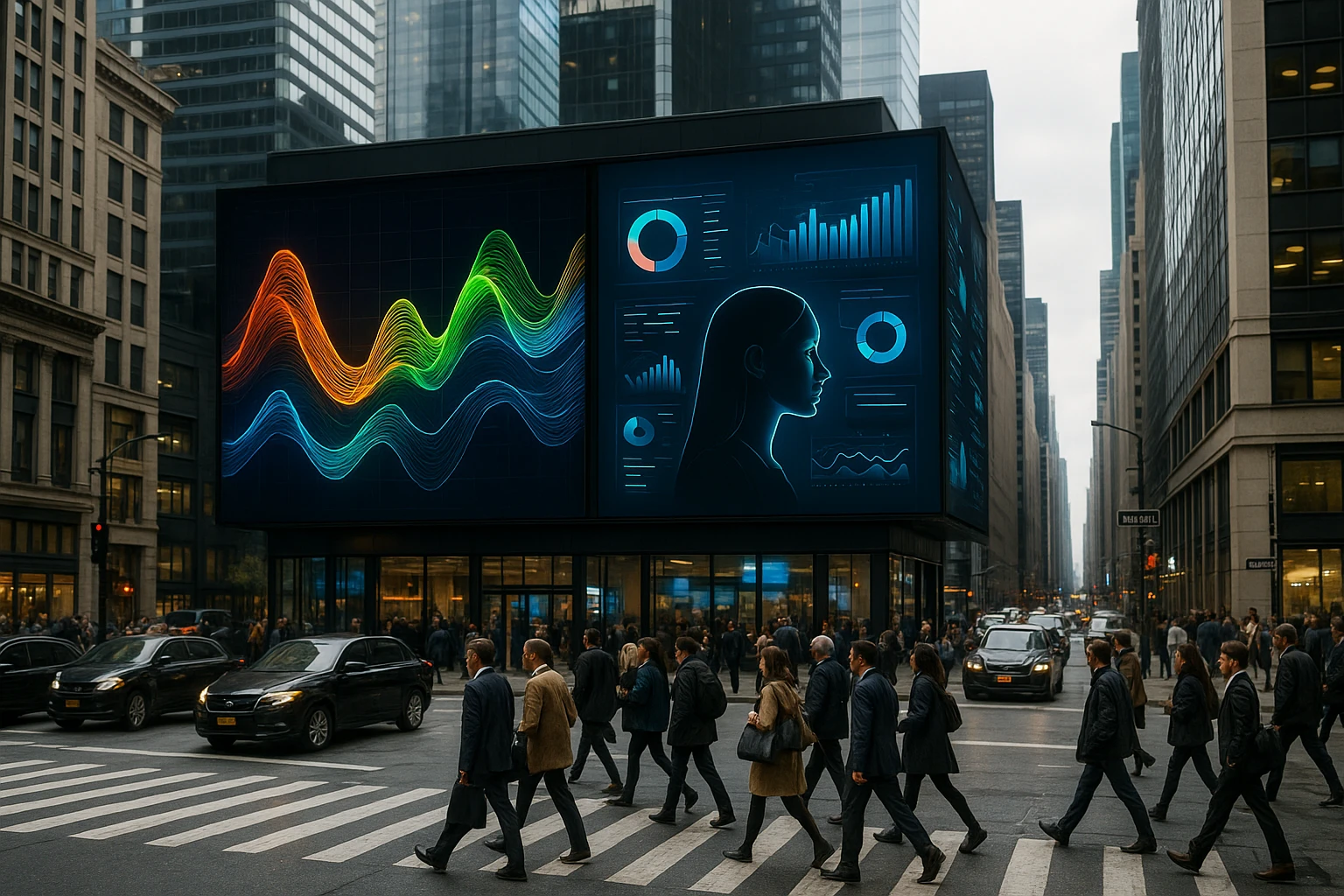 A dynamic city street with a large digital billboard displaying contrasting visuals: one side shows a series of colorful, swirling data graphs representing A/B testing analytics, while the other side features a sleek, futuristic AI interface showcasing personalized marketing insights.