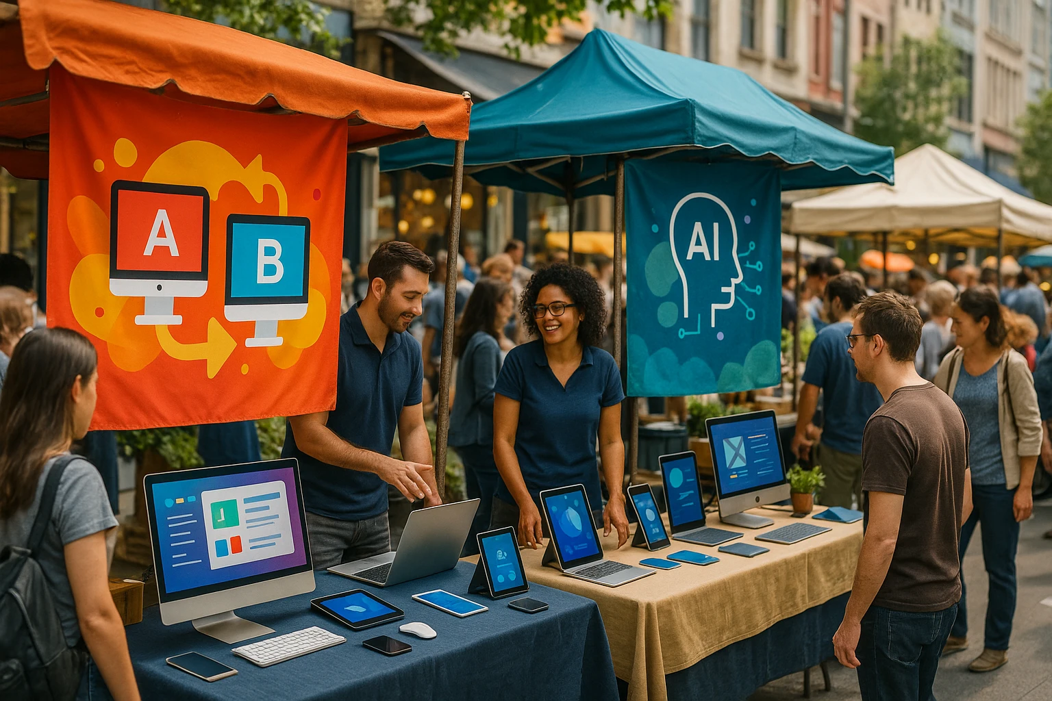 A bustling marketplace with outdoor stalls where vendors showcase digital tools for conversion optimization, featuring colorful banners of Convert Experiences and Everconvert.ai, with icons symbolizing A/B testing and AI adaptability.