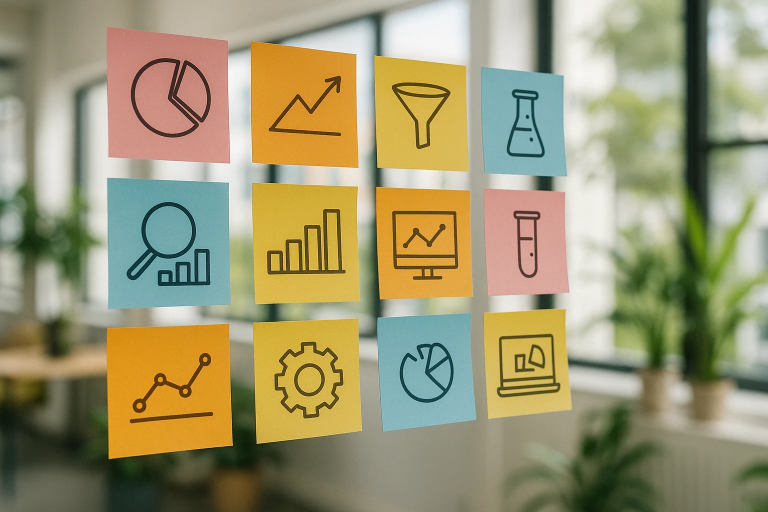 A close-up of colorful sticky notes arranged in a grid on a large board, each note representing different analytics or testing goals, set in a bright, open workspace with plants and natural light.