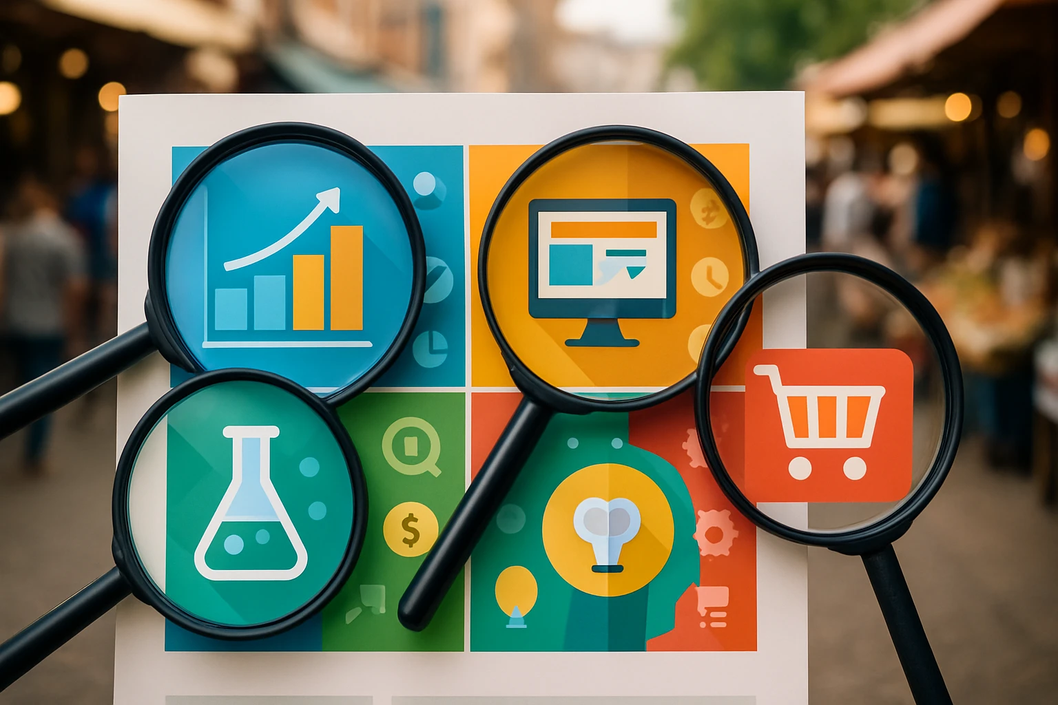 A series of magnifying glasses, each highlighting different sections of a large, colorful infographic chart with icons representing various conversion optimization tools, set against a bustling outdoor market backdrop.