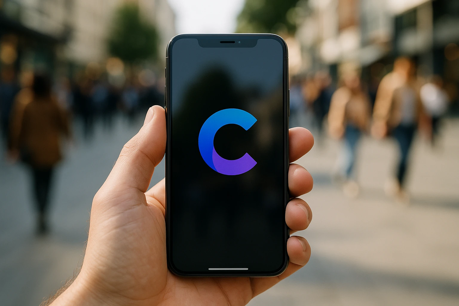 A sleek smartphone is held by a hand in an outdoor urban setting, displaying the Convert Experiences logo on its screen, surrounded by vibrant city life with people walking in the background.