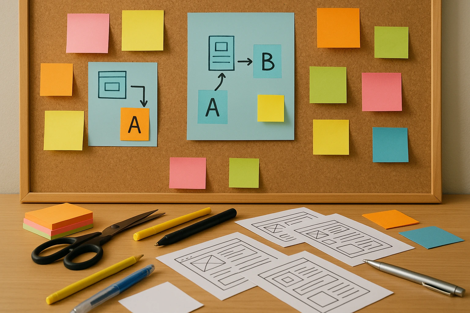 A creative workspace is shown with colorful sticky notes and flowcharts on a corkboard, illustrating A/B testing concepts, alongside a table scattered with tools like scissors, pens, and paper prototypes.