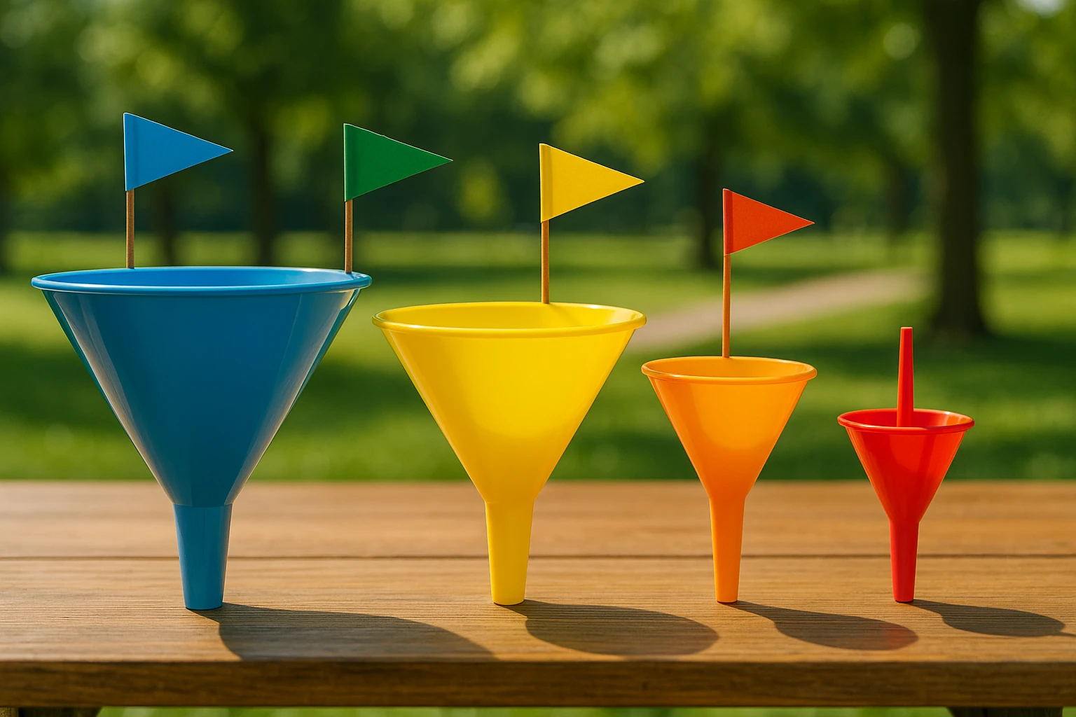 A row of colorful, varied-size funnels displayed on a wooden table outdoors, with small flags marking stages from 