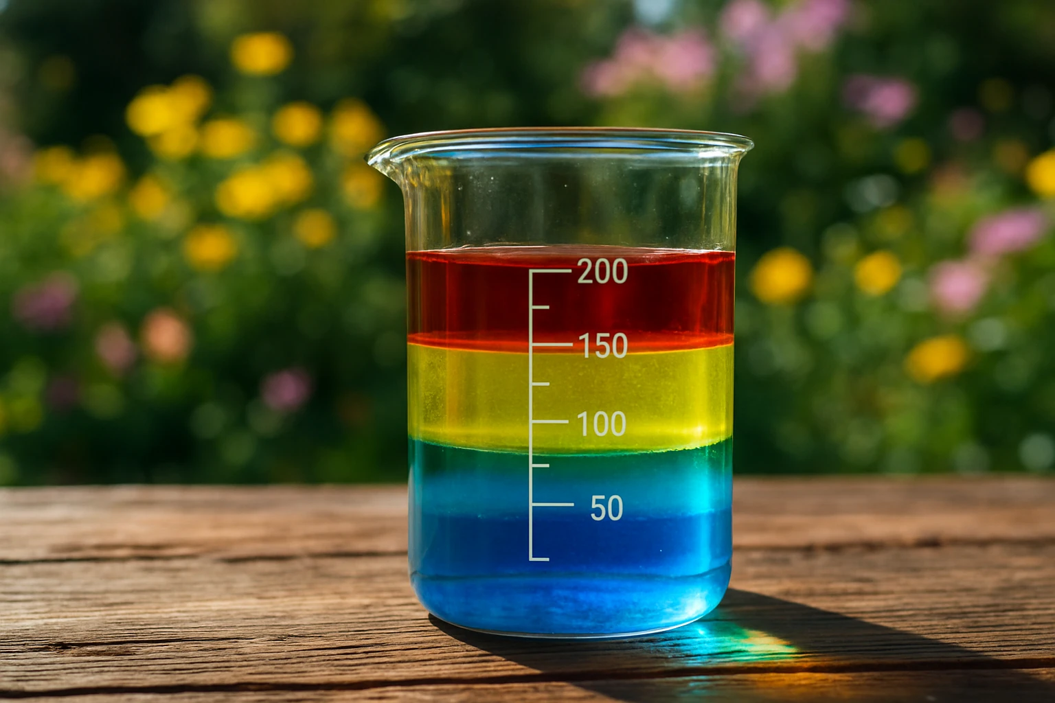 A close-up of a laboratory-style beaker filled with colorful liquid layers, symbolizing different test results, set on a rustic wooden table with a backdrop of a garden in bloom, representing growth and experimentation.