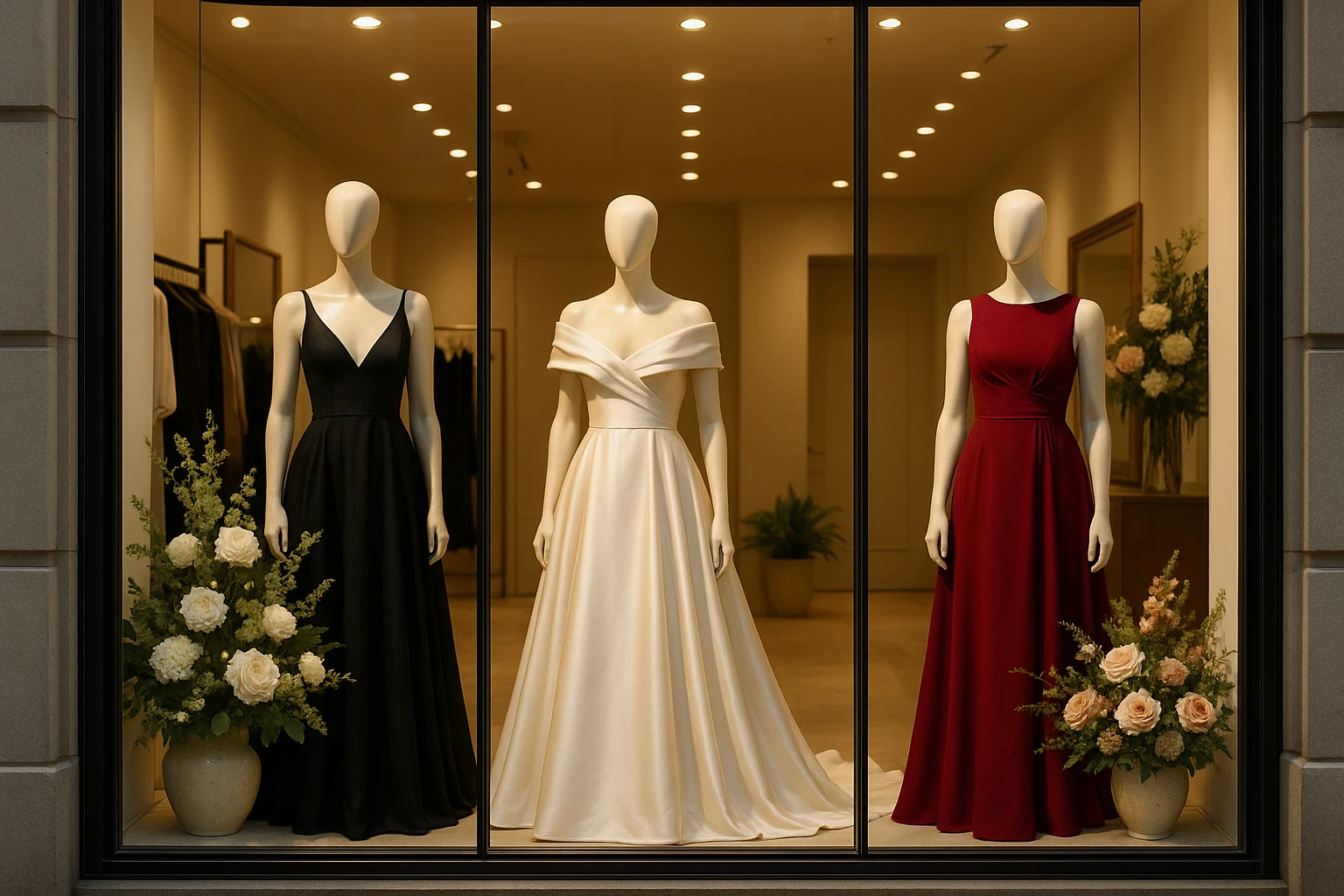 A brightly-lit boutique storefront displaying mannequins dressed in elegant evening gowns, each tagged with different event types like 