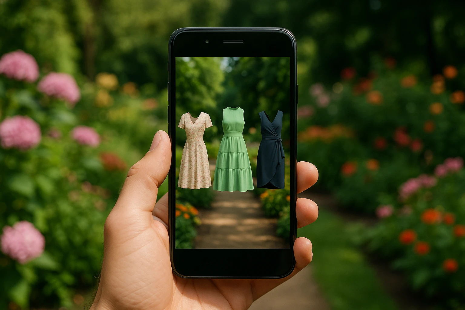 A smartphone held outdoors, using an augmented reality app that overlays virtual dresses of various styles and events onto a lush garden background, with each dress tagged for specific events like 