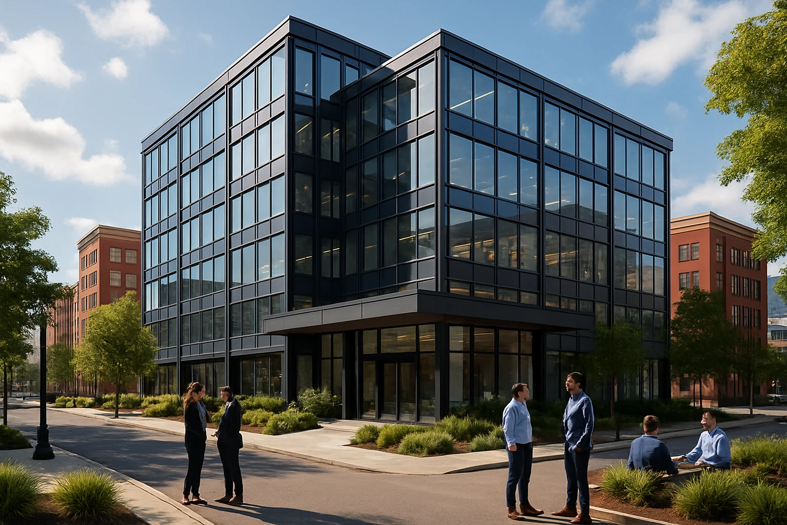 A picturesque cityscape with a sleek, modern commercial building featuring a sign that reads "1031 Exchange Place" at the entrance, surrounded by neatly landscaped greenery and people engaging in casual, outdoor conversations.