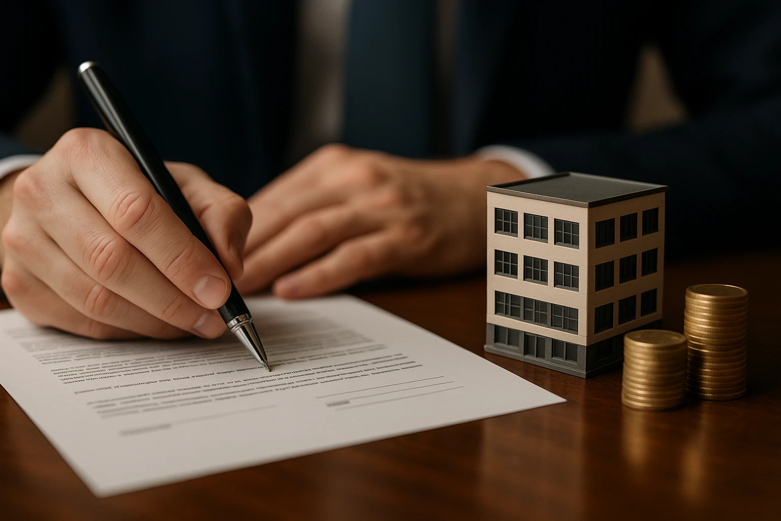 A close-up of a legal contract being signed with a pen, featuring a small model of a commercial building and stacks of coins on a polished wooden table, symbolizing investment and ownership.