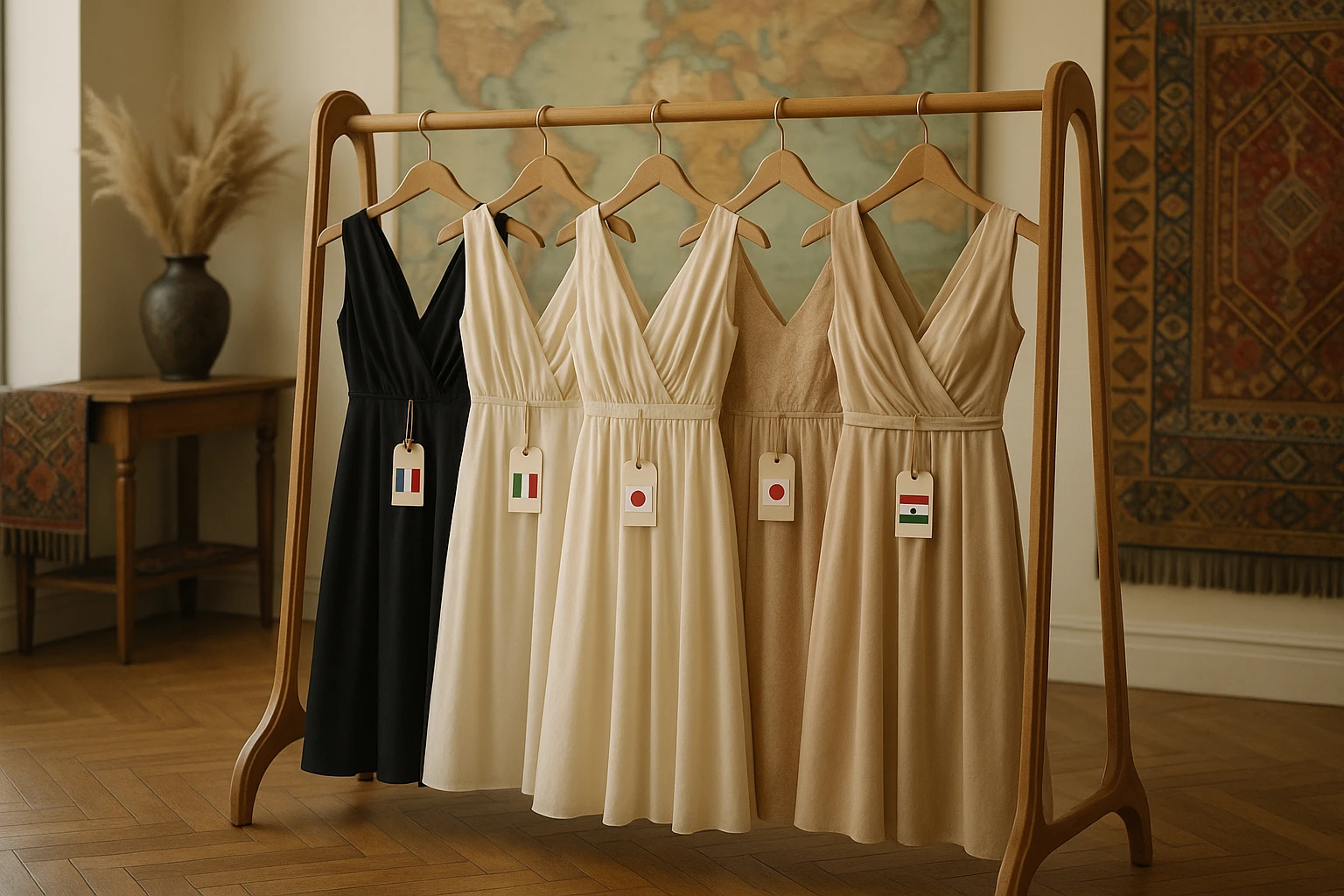 A chic boutique interior with dresses hanging on elegant wooden racks, each adorned with a tag featuring the flags of different countries, set against a backdrop of tasteful global-themed decor elements like vintage world maps and exotic textiles.