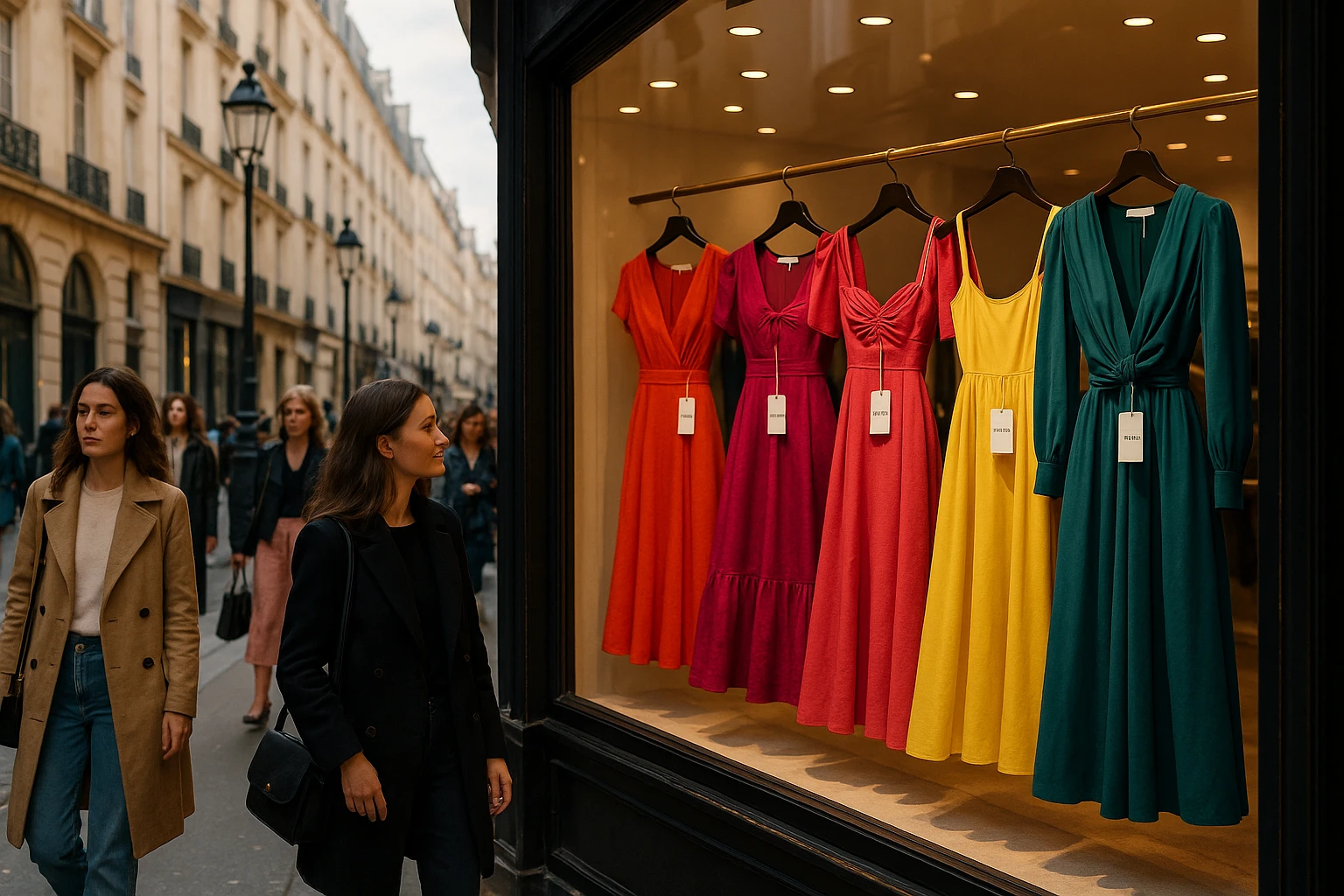 A bustling street in Paris's Le Marais district, showcasing a stylish boutique window display filled with vibrant designer dresses, featuring tags with the names of international designers, while fashionable pedestrians browse and admire the collections under ornate street lamps.