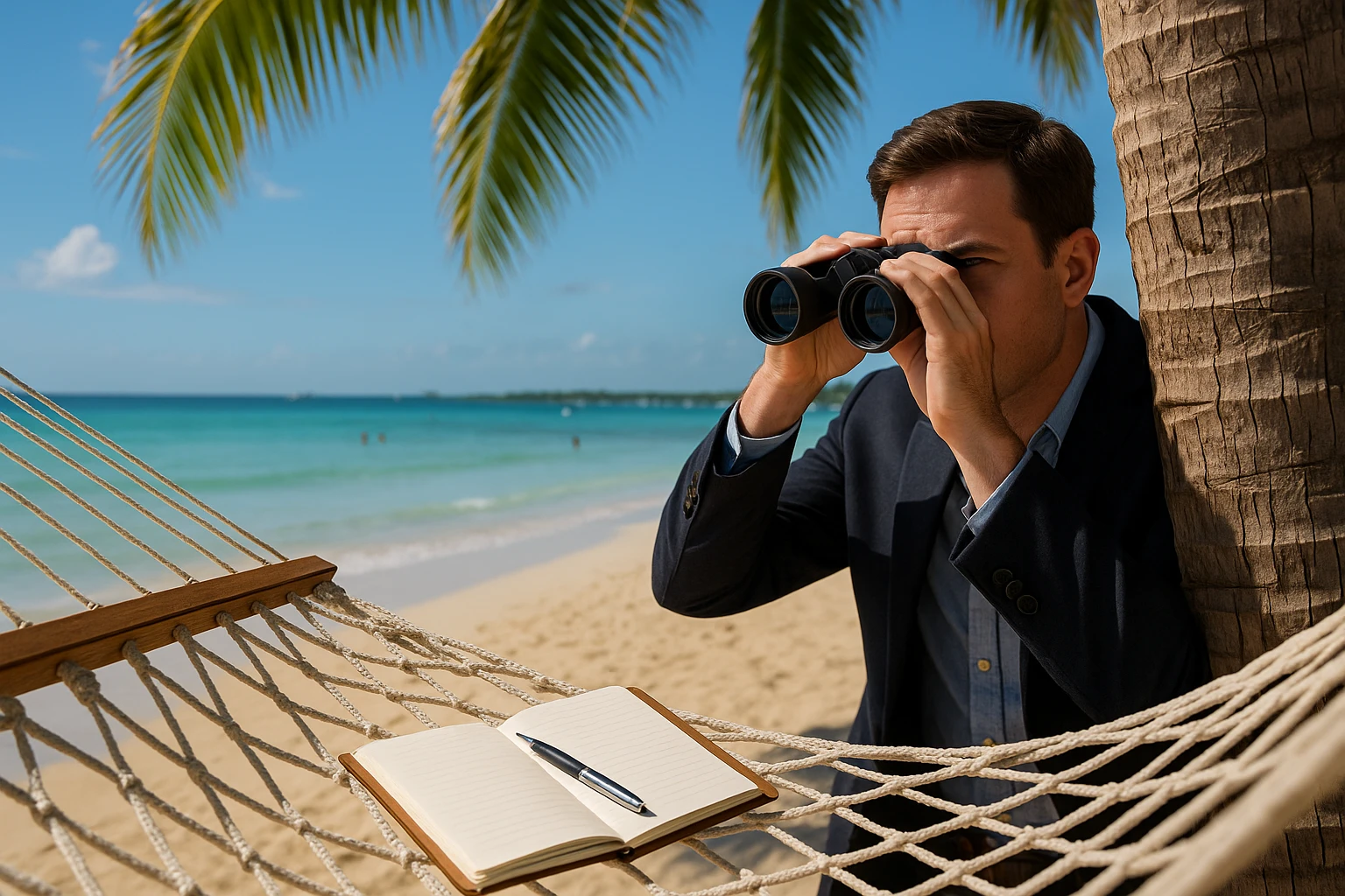A scenic view of Negril's Seven Mile Beach with a private investigator discreetly observing through binoculars from behind a palm tree, with a notebook and pen resting on a hammock nearby.