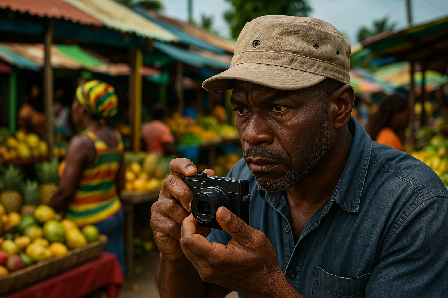 A Jamaican street scene with a private investigator discreetly photographing a colorful, bustling market in Negril, using a small hidden camera embedded in a hat, with vendors selling tropical fruits in the background.