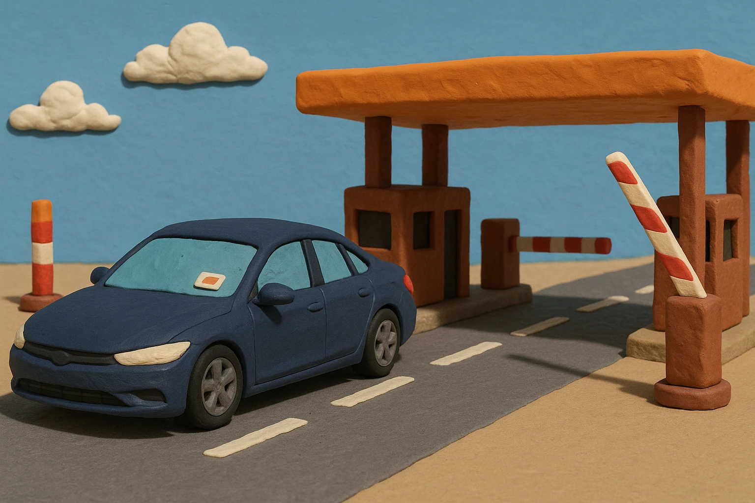 A sleek car seamlessly passes through an open toll plaza under clear blue skies, with a small, rectangular télépéage badge affixed to the windshield, signaling its effortless access.