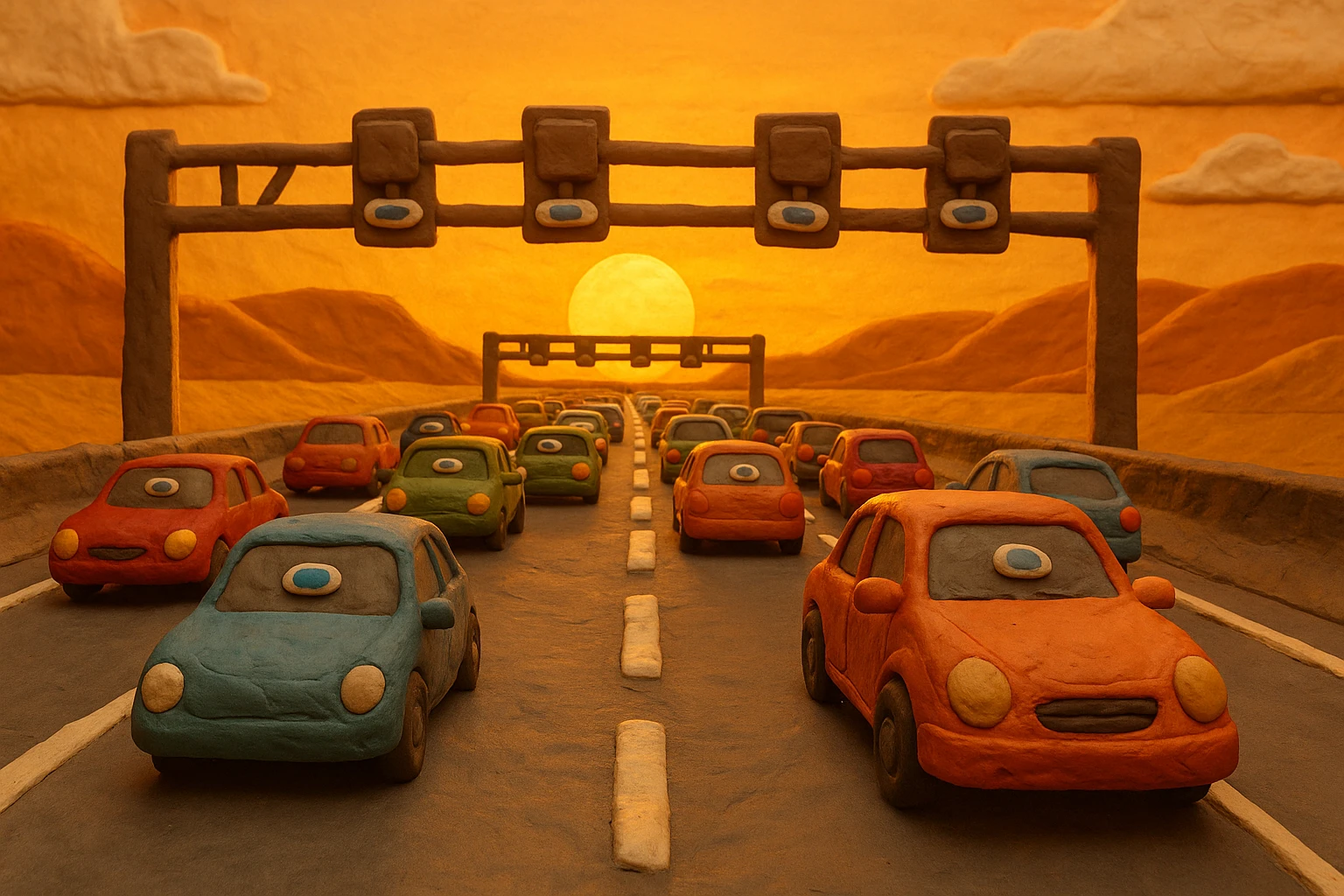 A busy highway with several lanes of traffic smoothly flowing, each car equipped with a small, oval télépéage badge on their rearview mirrors, as they pass under electronic toll gantries in the golden light of sunset.