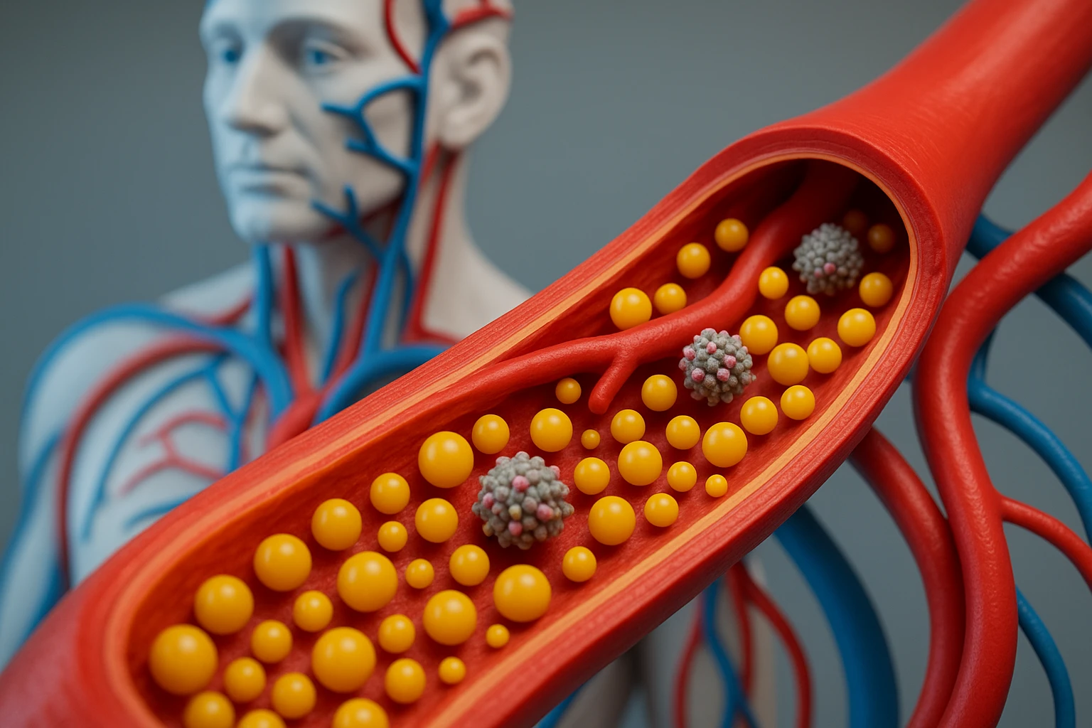 A close-up of a colorful, simplified anatomical model of the human circulatory system highlighting cholesterol pathways, with small particles representing lipids and apolipoprotein B molecules moving through arteries.