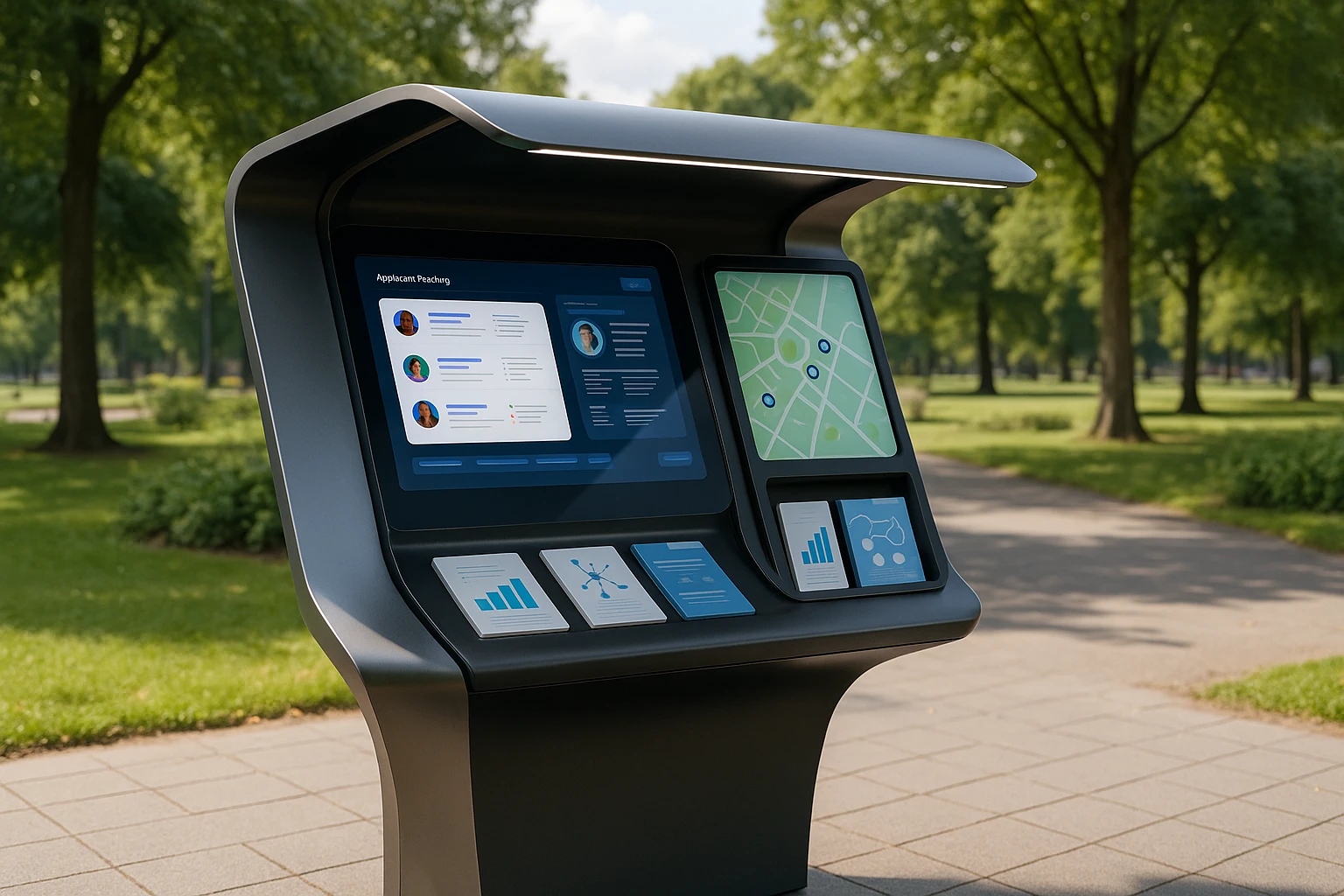 A sleek, futuristic kiosk in an open-air park features an interactive display showcasing the latest applicant tracking software, surrounded by informational brochures and a digital map highlighting nearby career events.