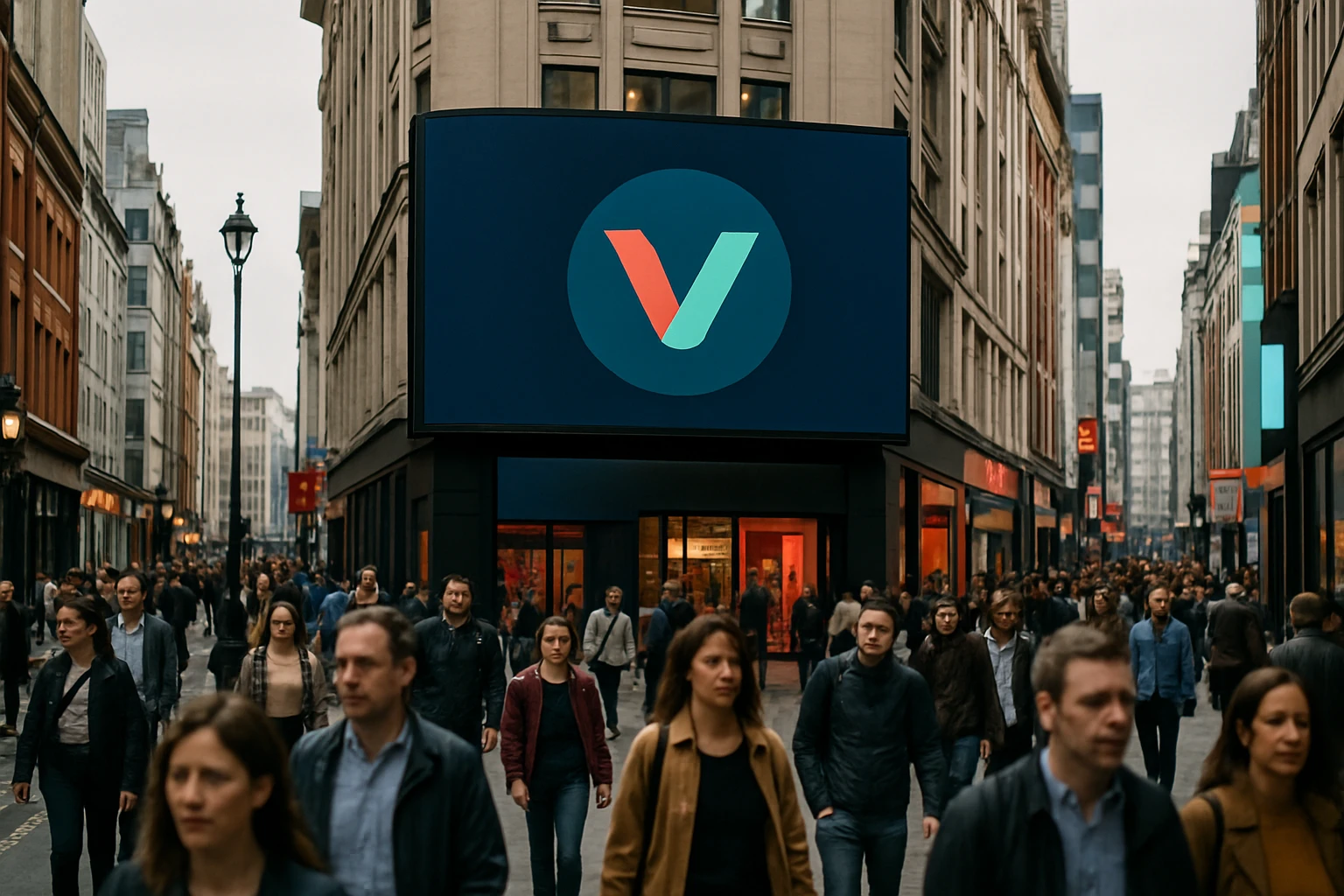 A city street with a large billboard displaying the Convertize logo, surrounded by bustling pedestrians and vibrant storefronts.