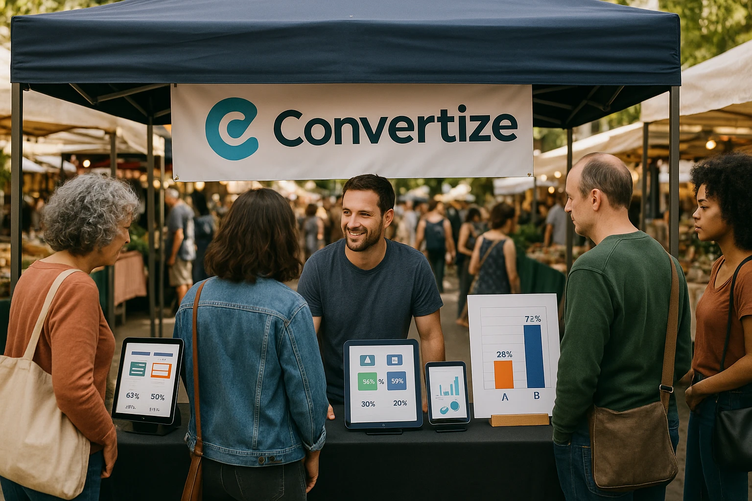 A vibrant outdoor market scene, where a vendor booth prominently displays a banner with the Convertize logo, surrounded by curious shoppers examining a variety of interactive displays showcasing A/B testing results on tablets and printed graphs.