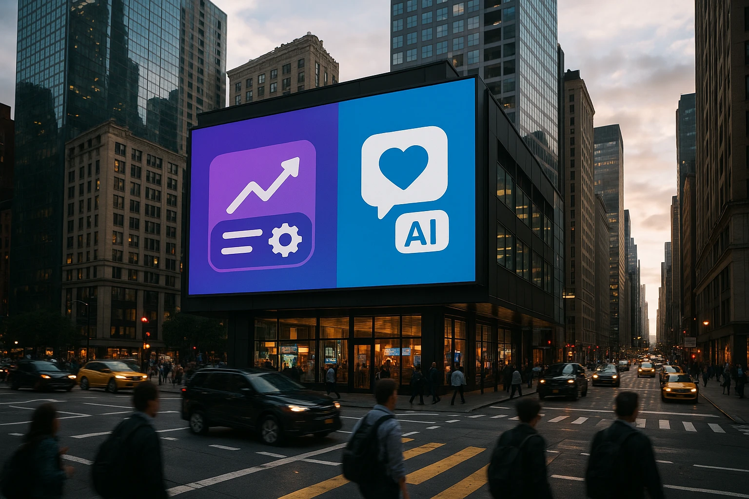 A dynamic cityscape with a prominent billboard displaying the logos of Convertize and Everconvert.ai, highlighting their features in a vibrant and engaging design against a bustling urban backdrop.