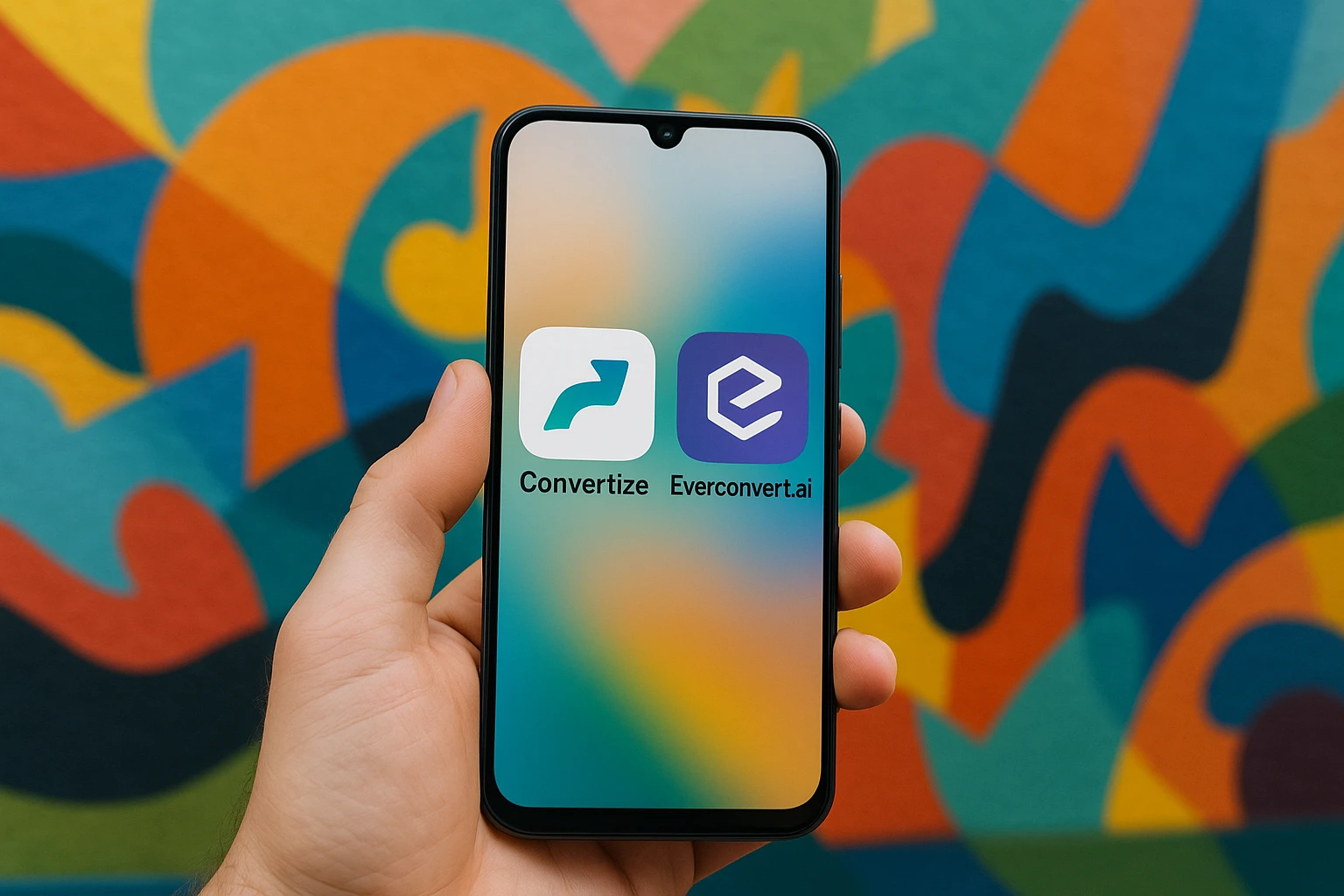 A sleekly designed mobile phone displaying the Convertize and Everconvert.ai apps side by side, held against a backdrop of a creative outdoor mural featuring abstract shapes and vibrant colors, symbolizing innovation and ease of use.