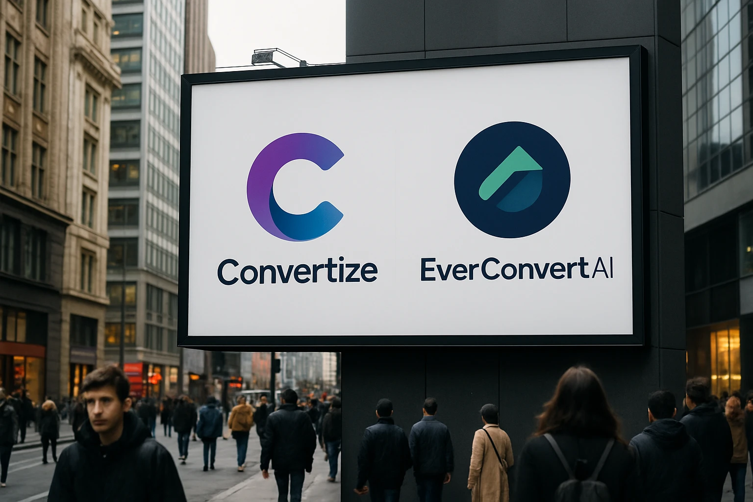 Two distinct logos of Convertize and EverConvert.ai displayed on a large billboard in a bustling city street, with people walking by and urban architecture in the background.