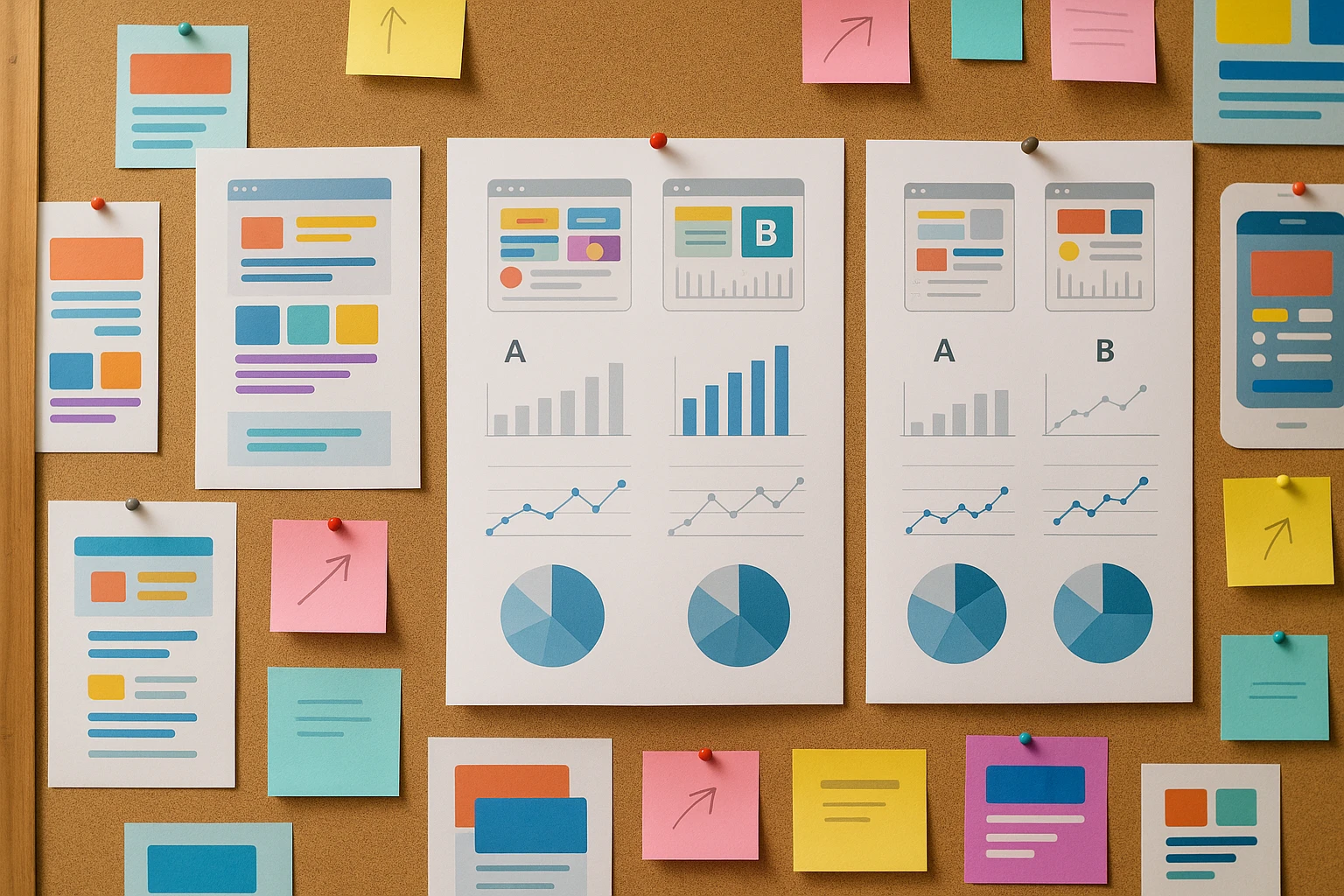A collection of A/B testing results printed on large sheets of glossy paper, pinned to a corkboard in a creative studio space, surrounded by colorful design mockups and sticky notes with conversion goals.