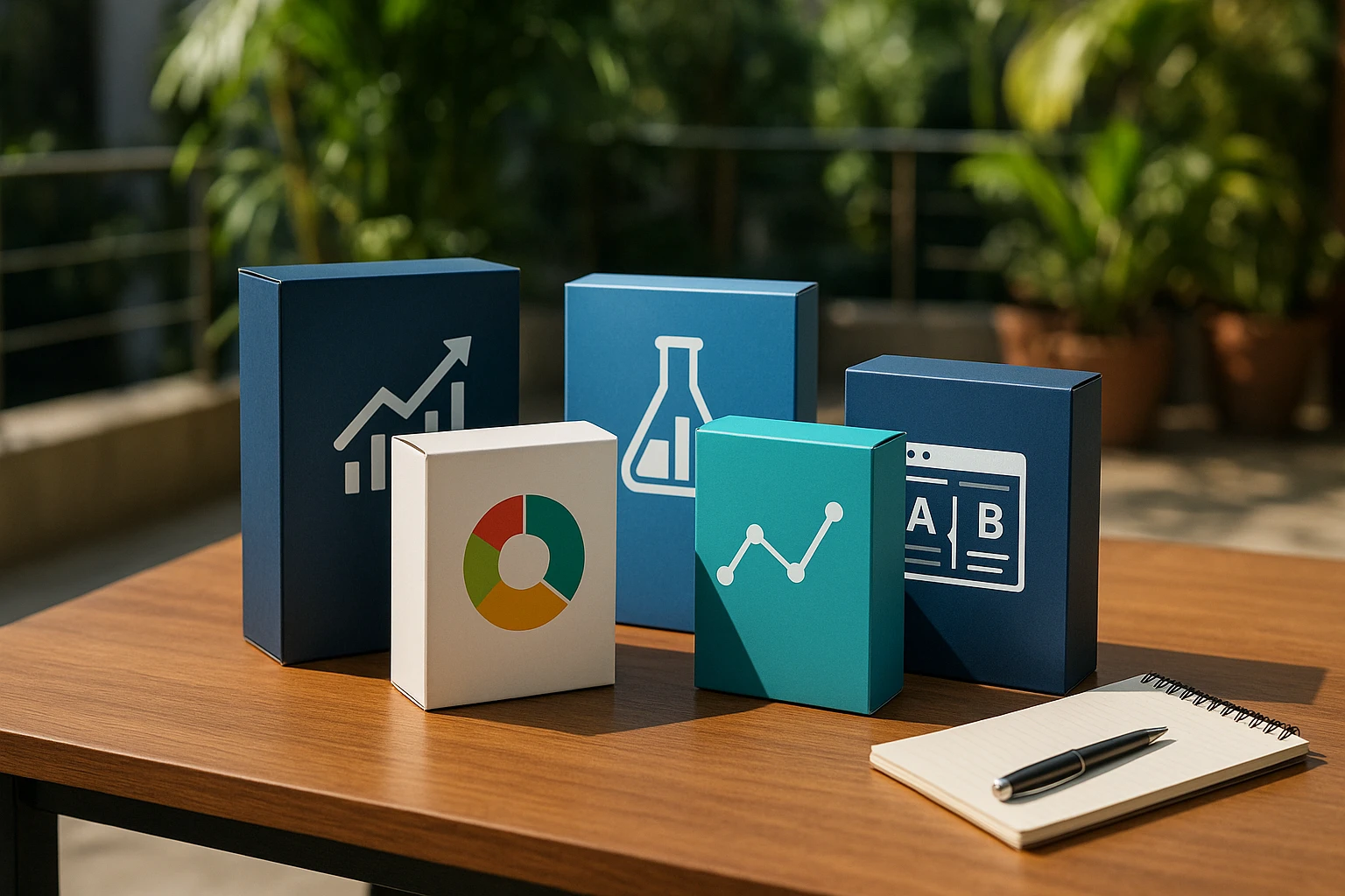 A collection of various CRO software boxes displayed on a wooden tabletop, with a notepad and pen nearby, set against the backdrop of a sunny outdoor patio with green plants.
