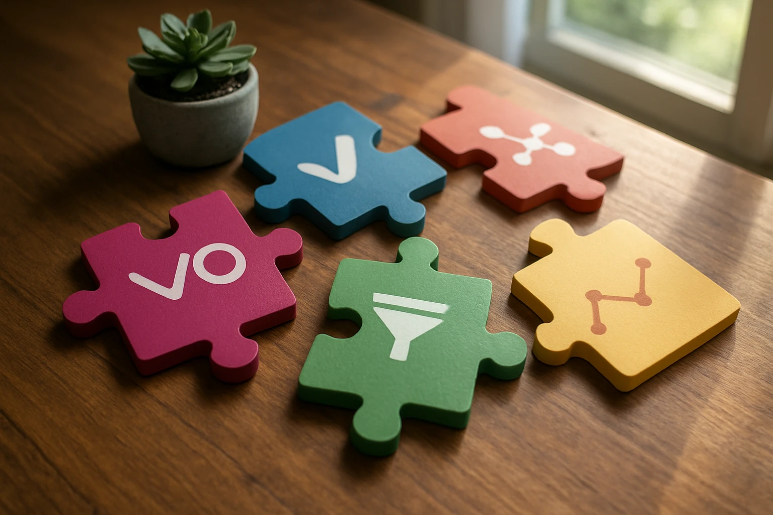 A set of colorful puzzle pieces with different CRO tool logos, including VWO, scattered across a wooden table, with a small succulent plant and natural light streaming through a nearby window.