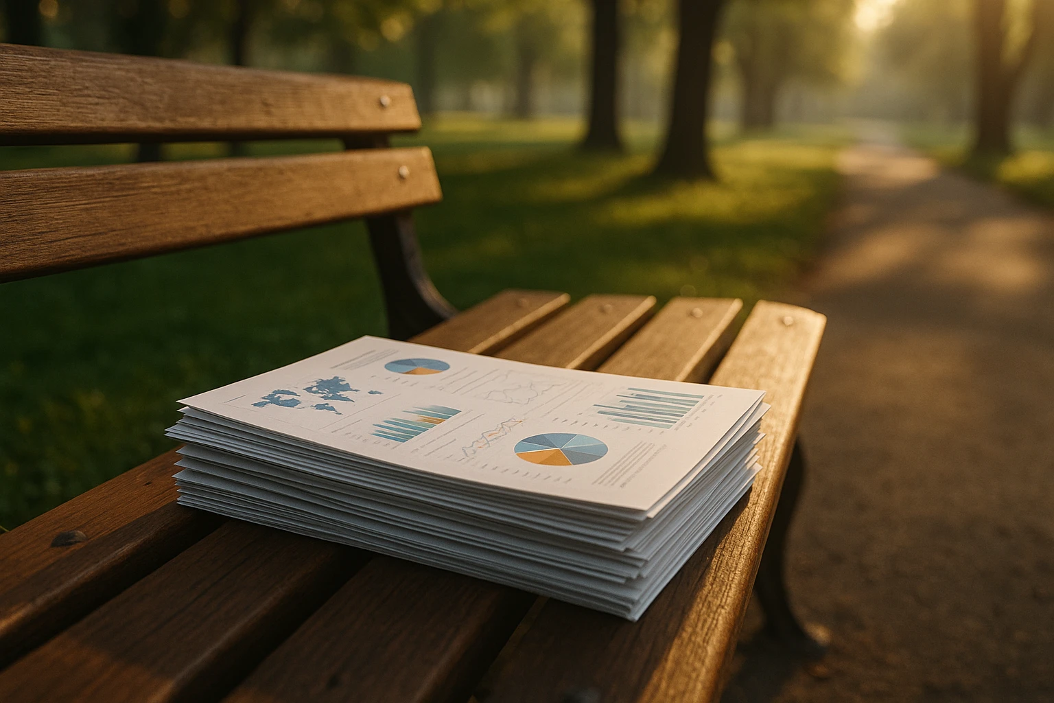 A stack of detailed analytics reports resting on a wooden park bench, illuminated by morning sunlight, with trees and a walking path in the background, symbolizing clarity and a strategic approach.
