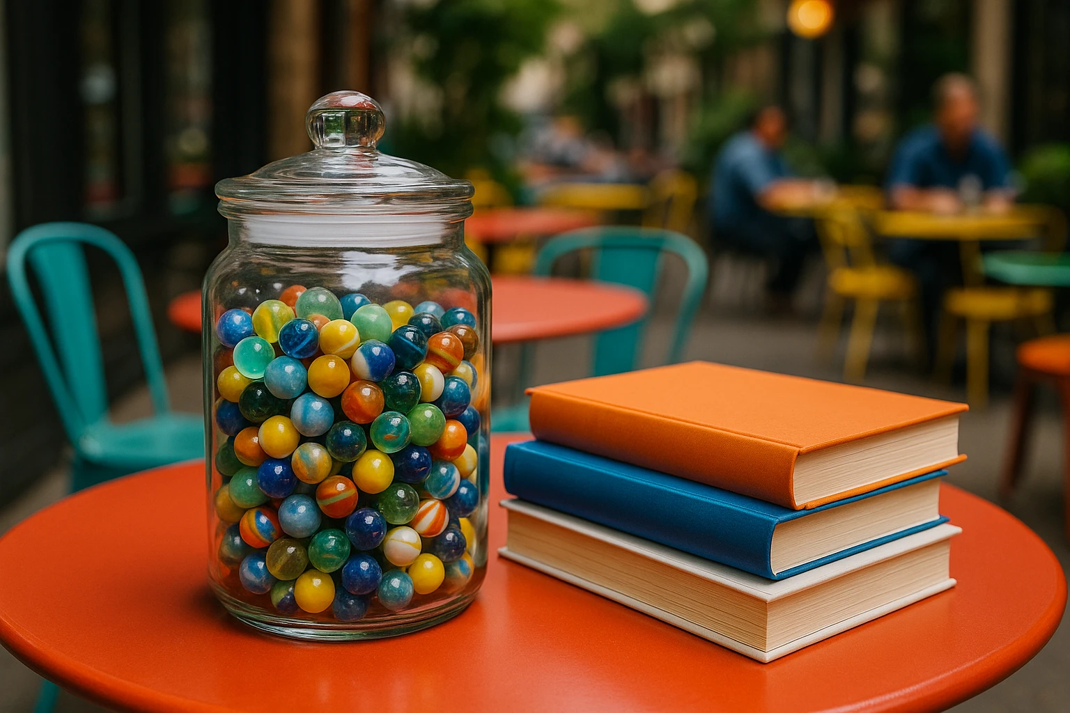 A vibrant outdoor café scene with colorful tables, where a clear glass jar filled with marbles of various sizes and colors sits on a table next to a stack of books with titles about marketing and customer insights, symbolizing the collection and analysis of diverse data points for better customer understanding.