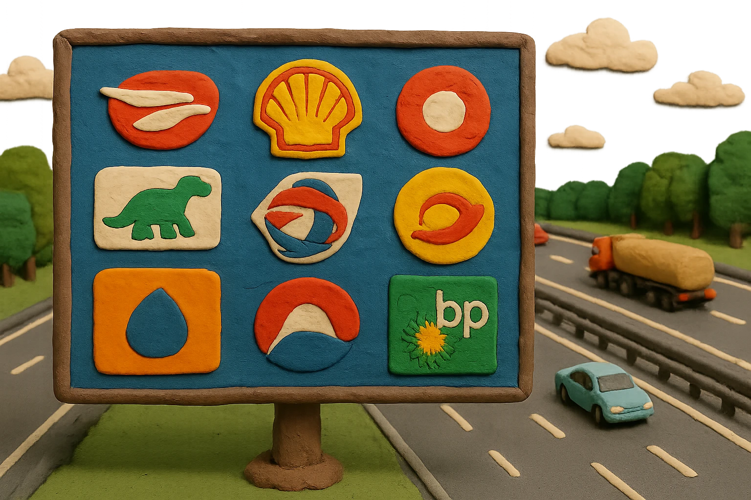 An array of fuel station logos from various brands on a large roadside billboard, set against a backdrop of a bustling highway, illustrating the diverse acceptance of a multi-brand fuel card in France.