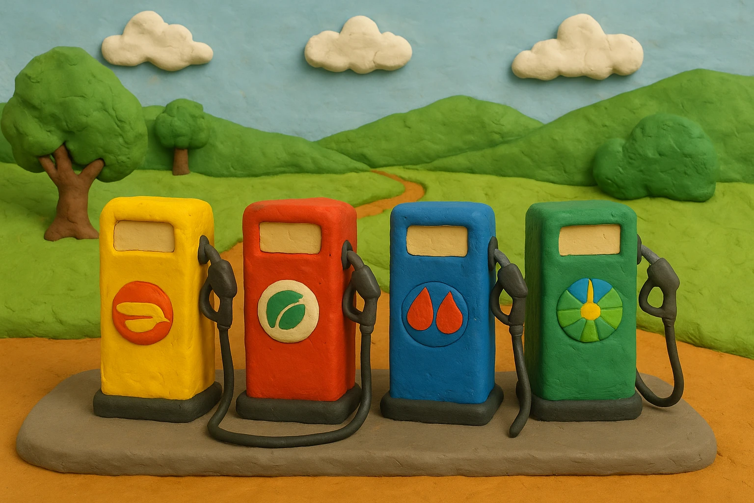 A row of brightly colored fuel pumps with various brand logos at a rural French petrol station, surrounded by lush green countryside, showcasing the wide acceptance of a multi-brand fuel card.