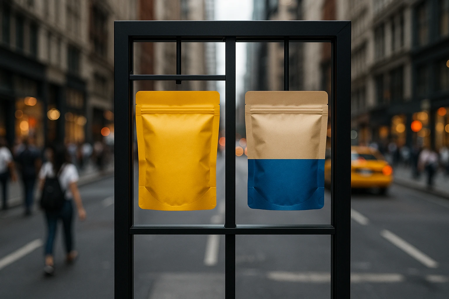 A close-up of a split test display stand featuring two different packaging designs for a popular product, set against the backdrop of a bustling city street.