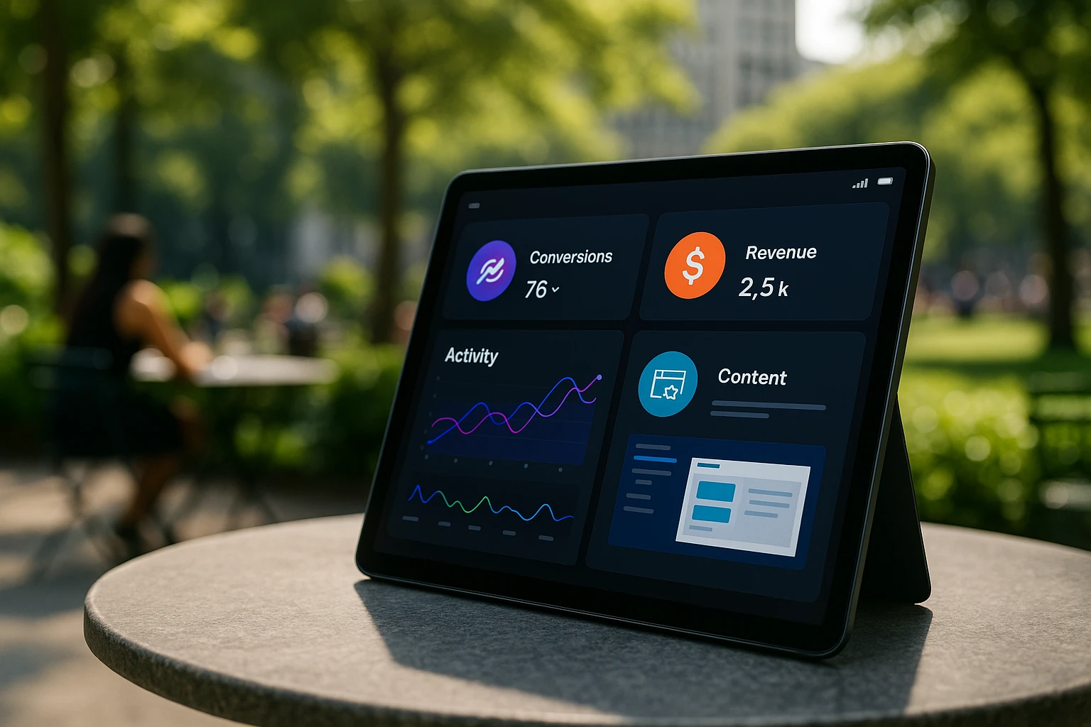 A sleek tablet displaying a vibrant, interactive dashboard of Optimizely features, set on an outdoor cafe table with a backdrop of a city park, surrounded by greenery and people enjoying a sunny day.