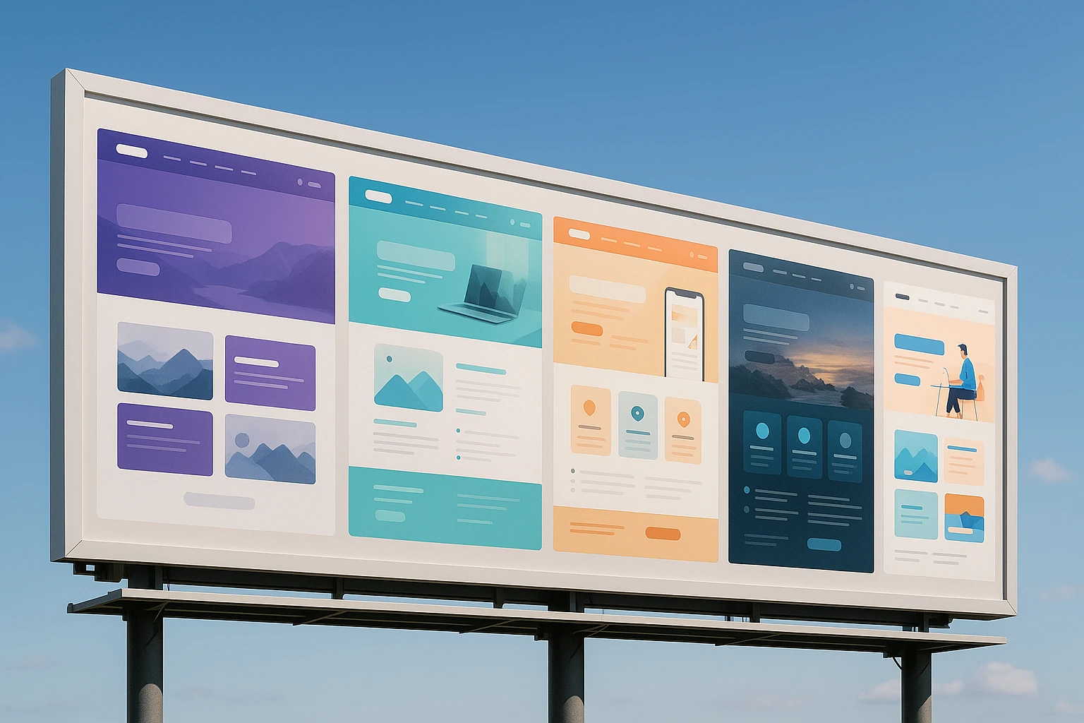 A row of colorful website mockups displayed on a large outdoor billboard, each showcasing a different design variation, set against a clear blue sky backdrop.