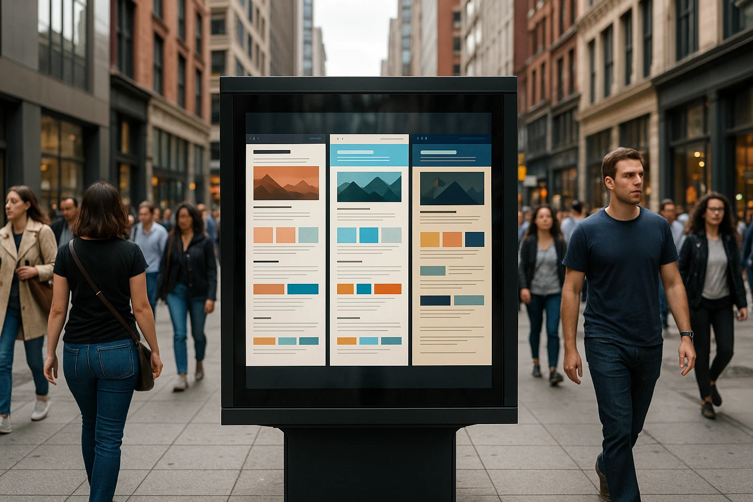 A vibrant city street scene with a large digital kiosk displaying different webpage variants side by side, highlighting varied layouts and color schemes, surrounded by bustling pedestrians.