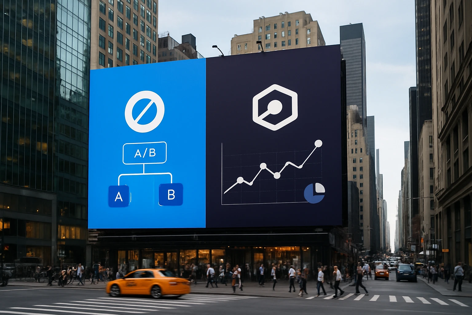 A street view with a large billboard displaying the logos of Optimizely, Inc. and Everconvert.ai, featuring a split design showcasing features like A/B testing on one side and AI-driven analytics on the other, against a bustling city backdrop.