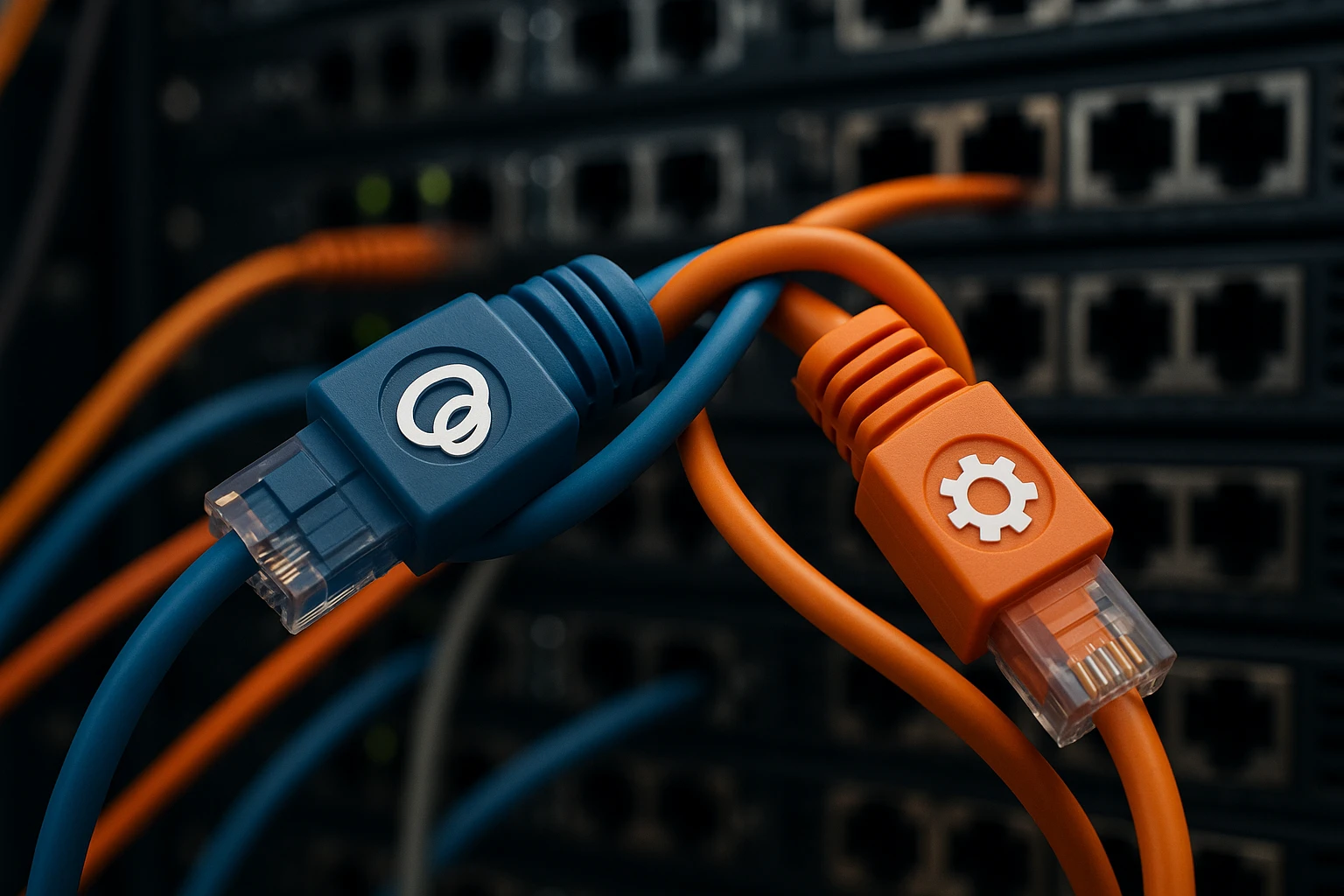 A close-up of intertwined network cables labeled with icons of Optimizely and Everconvert.ai, set against a background of server racks, symbolizing robust integration capabilities and scalability.