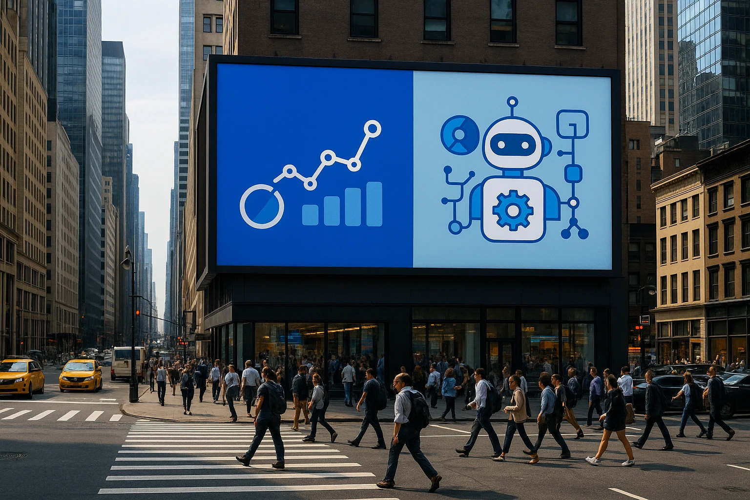 A bustling urban street features a large billboard displaying the logos of Optimizely and Everconvert.ai side by side, with illustrated graphics symbolizing data analytics and AI automation, capturing the essence of digital transformation in a vibrant cityscape.