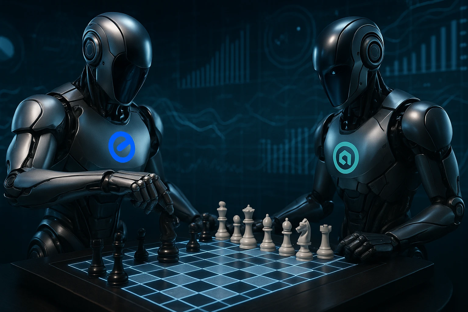 Two sleek, futuristic robots engage in a chess match on a digital chessboard, each with the logos of Optimizely and Everconvert.ai on their chests, set against a backdrop of swirling data streams and holographic graphs illustrating digital analytics.