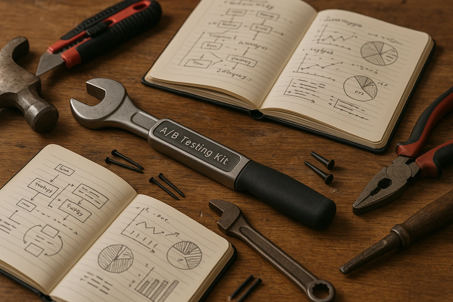 A series of tools scattered on a wooden table, with one prominent tool marked as 