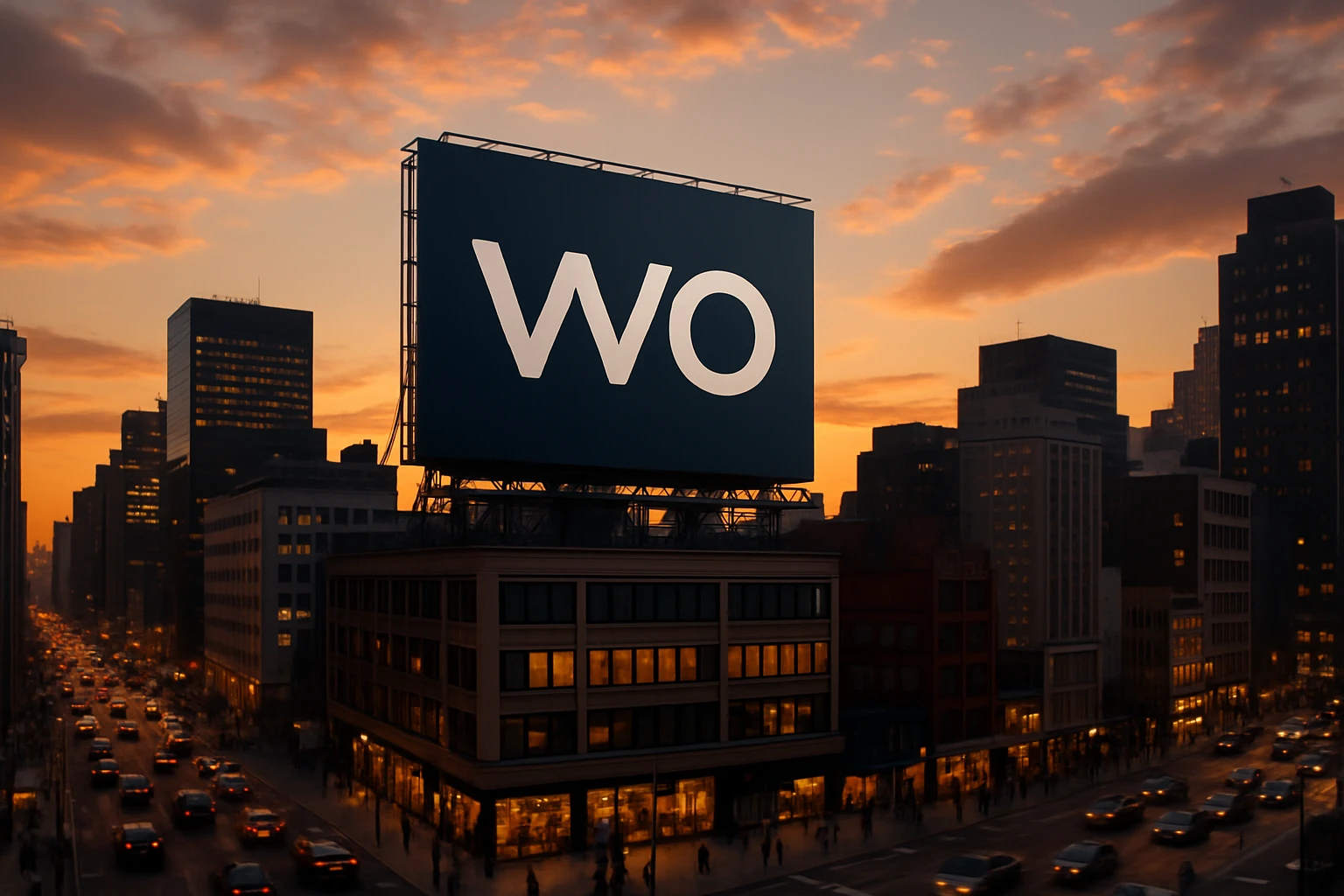 A cityscape at sunset with a prominent billboard displaying the 